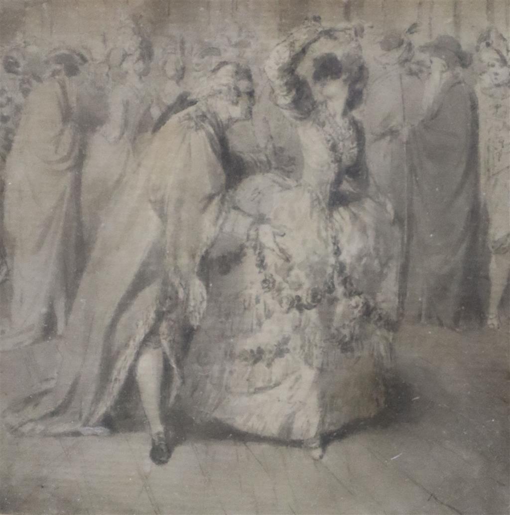 Thomas Stothard, watercolour, Figures dancing at a masked ball, 8 x 8.5cm